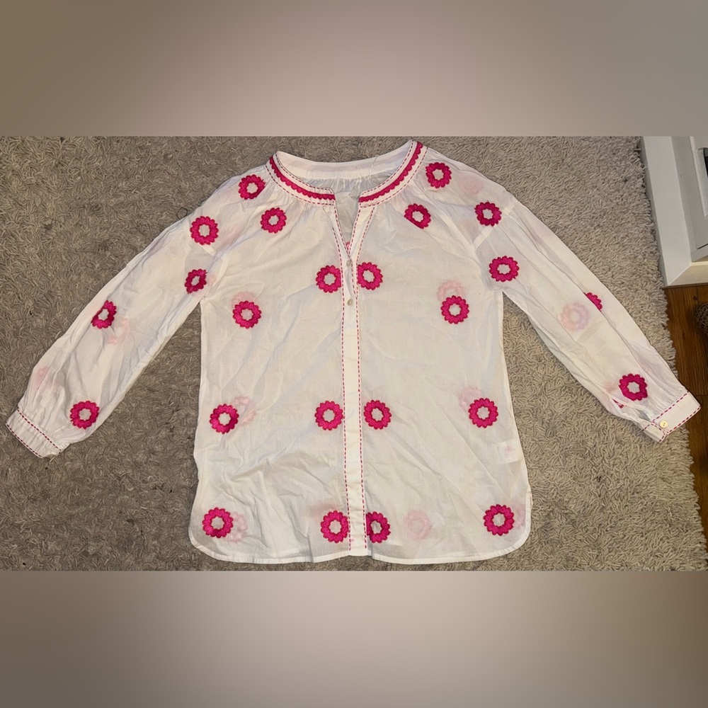 Nimo With Love White Embroidered tunic Top Pink Floral 3/4 sleeve Medium M